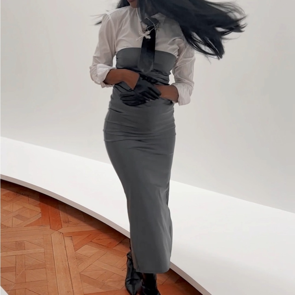 Gray Ruched Strapless Pencil Dress for Work